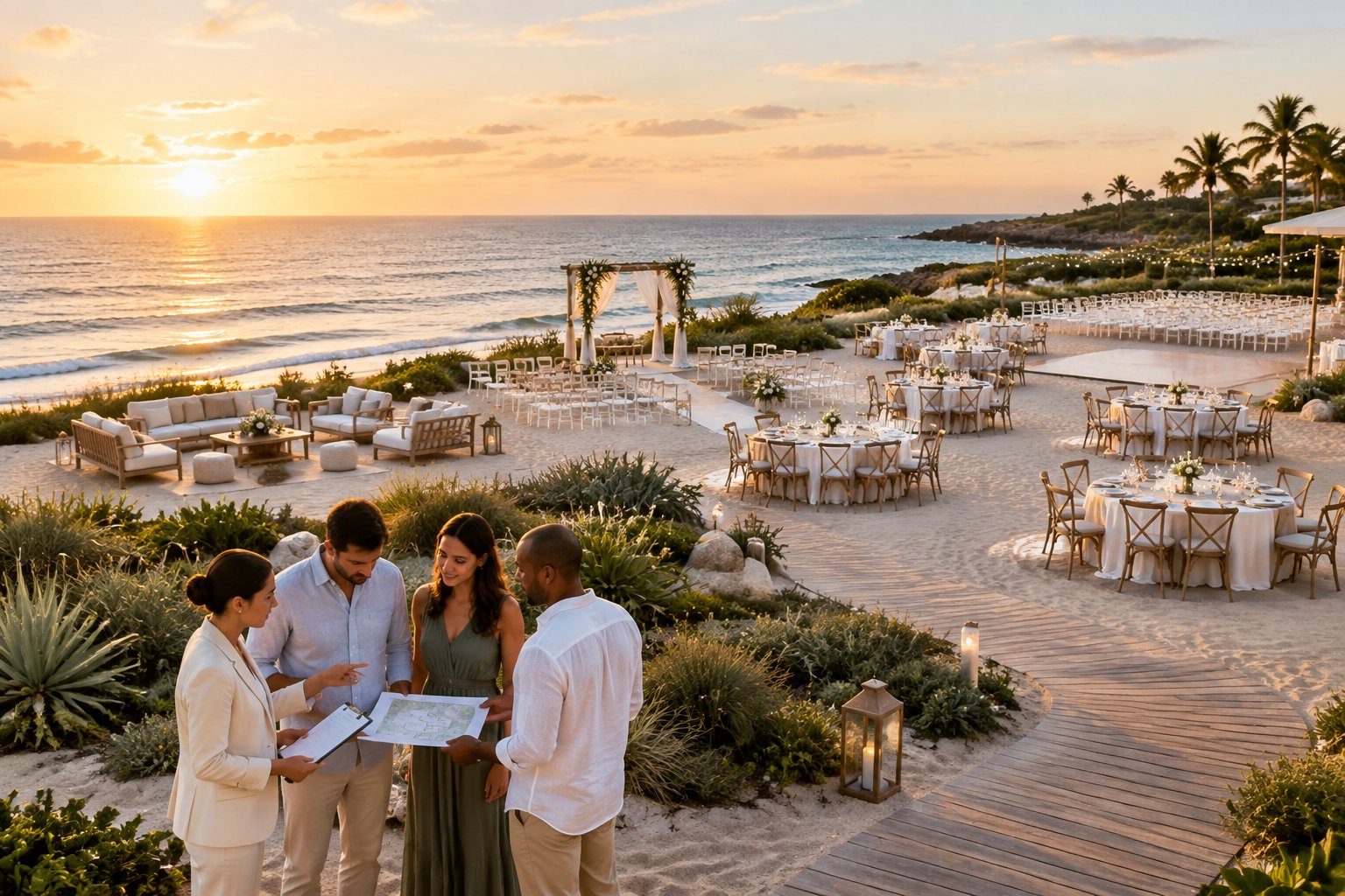 A wedding planner and guests review a flexible beachfront venue with ceremony, dining, and lounge areas.