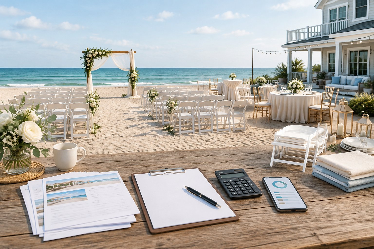 A beach wedding setup beside a vacation rental home with chairs, floral decorations, and budgeting materials.