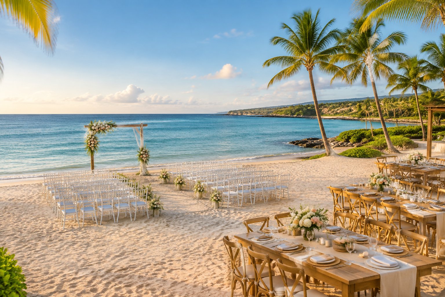 Elegant wedding ceremony and reception setup on a sandy beach beside calm turquoise water.