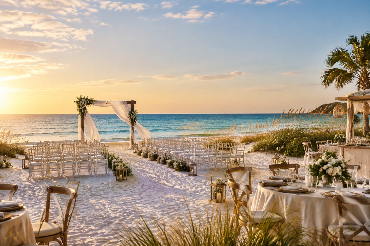 Elegant outdoor wedding venue arranged on a white sand beach beside calm turquoise Gulf Coast waters.