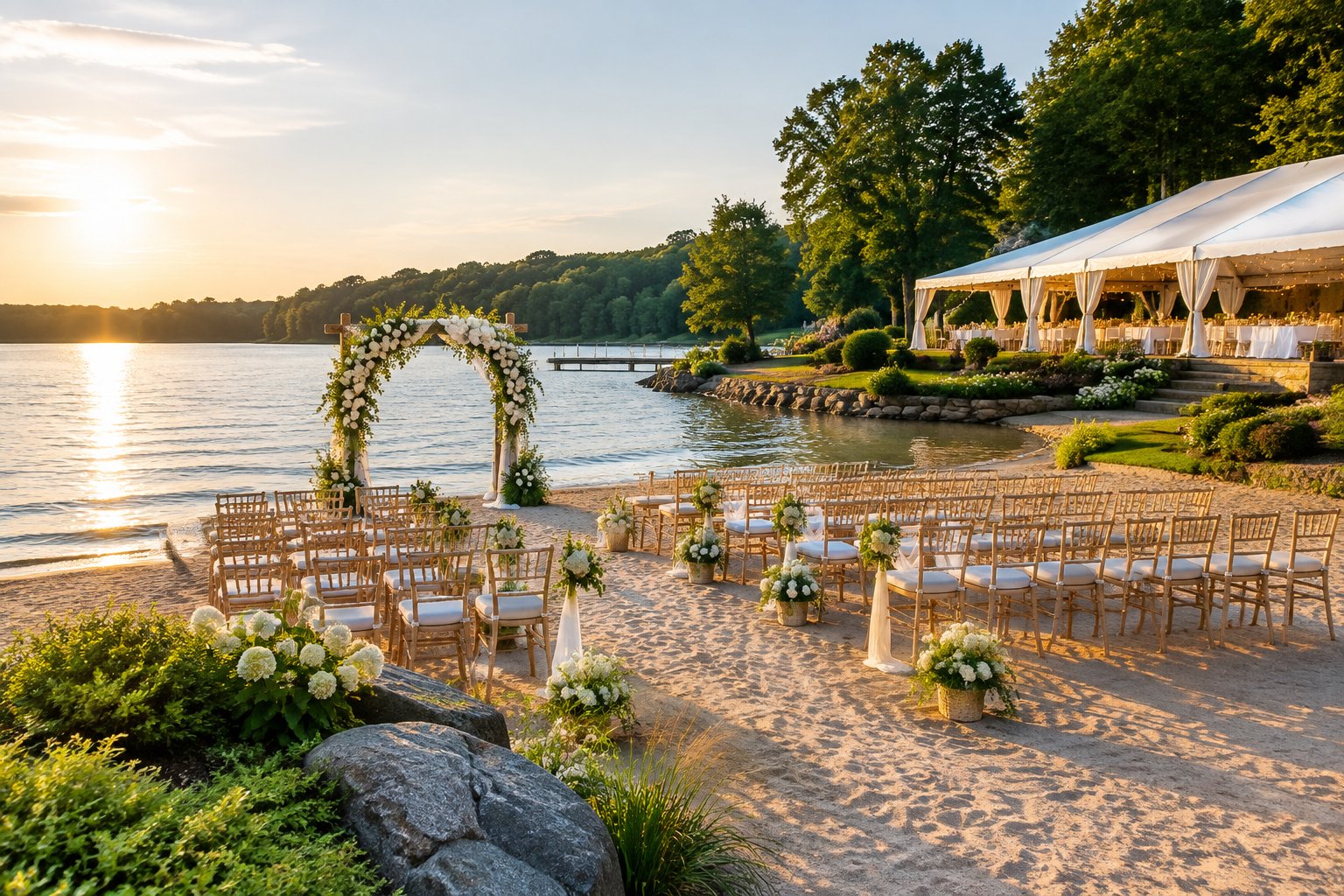 An elegant beach wedding ceremony setup beside a calm lake, with floral decorations, rows of chairs, and a reception tent.