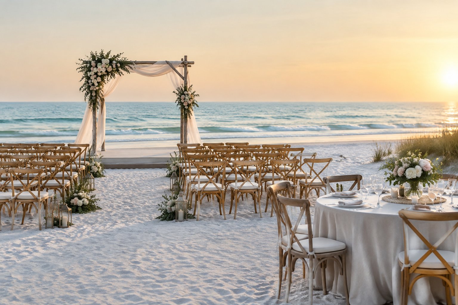 A decorated beach wedding ceremony setup with white chairs, a floral arch, and the Gulf Coast shoreline in the background.