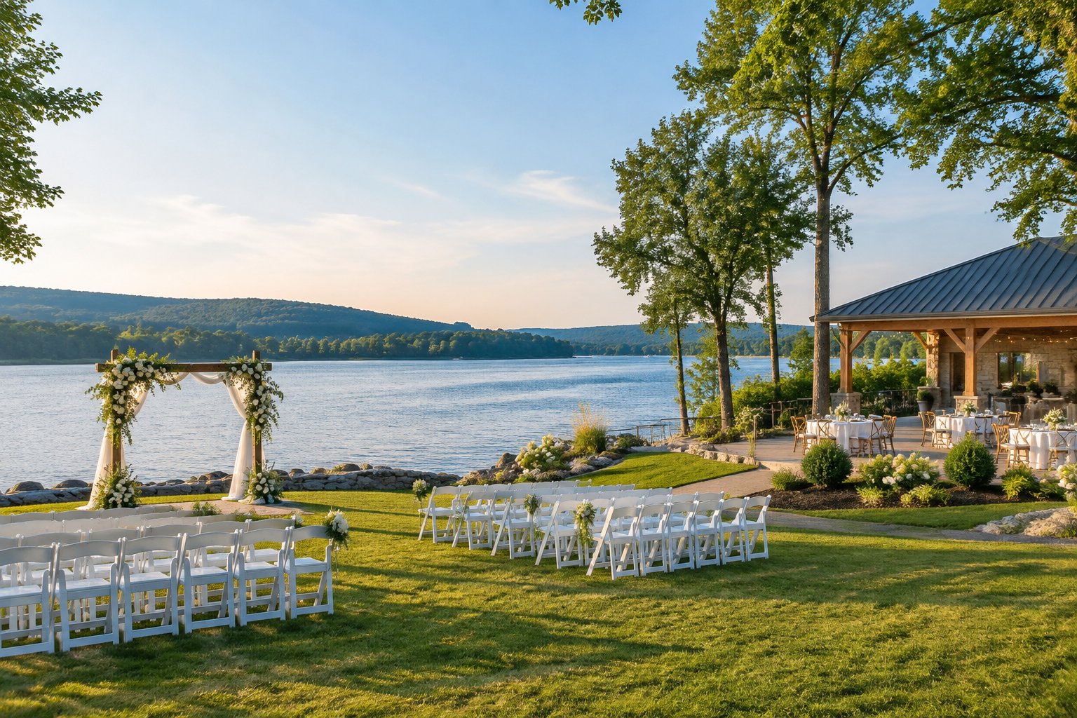 An elegant outdoor wedding ceremony beside a calm lake with trees, hills, and a reception area.