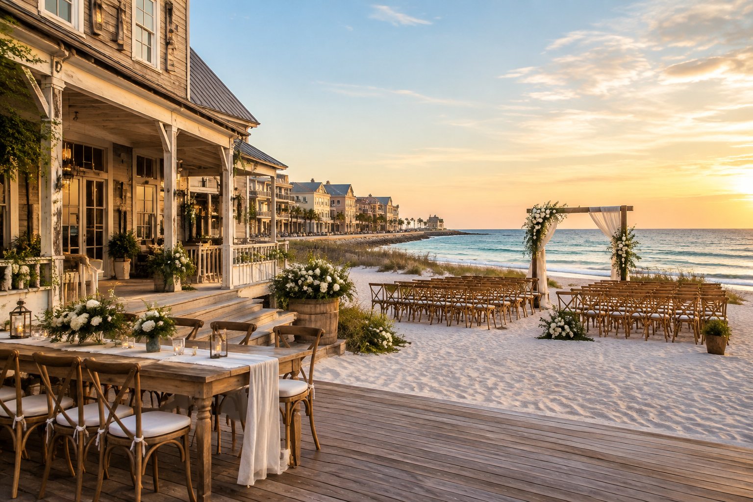 A rustic wedding ceremony setup beside a historic coastal building overlooking a Gulf Coast beach.