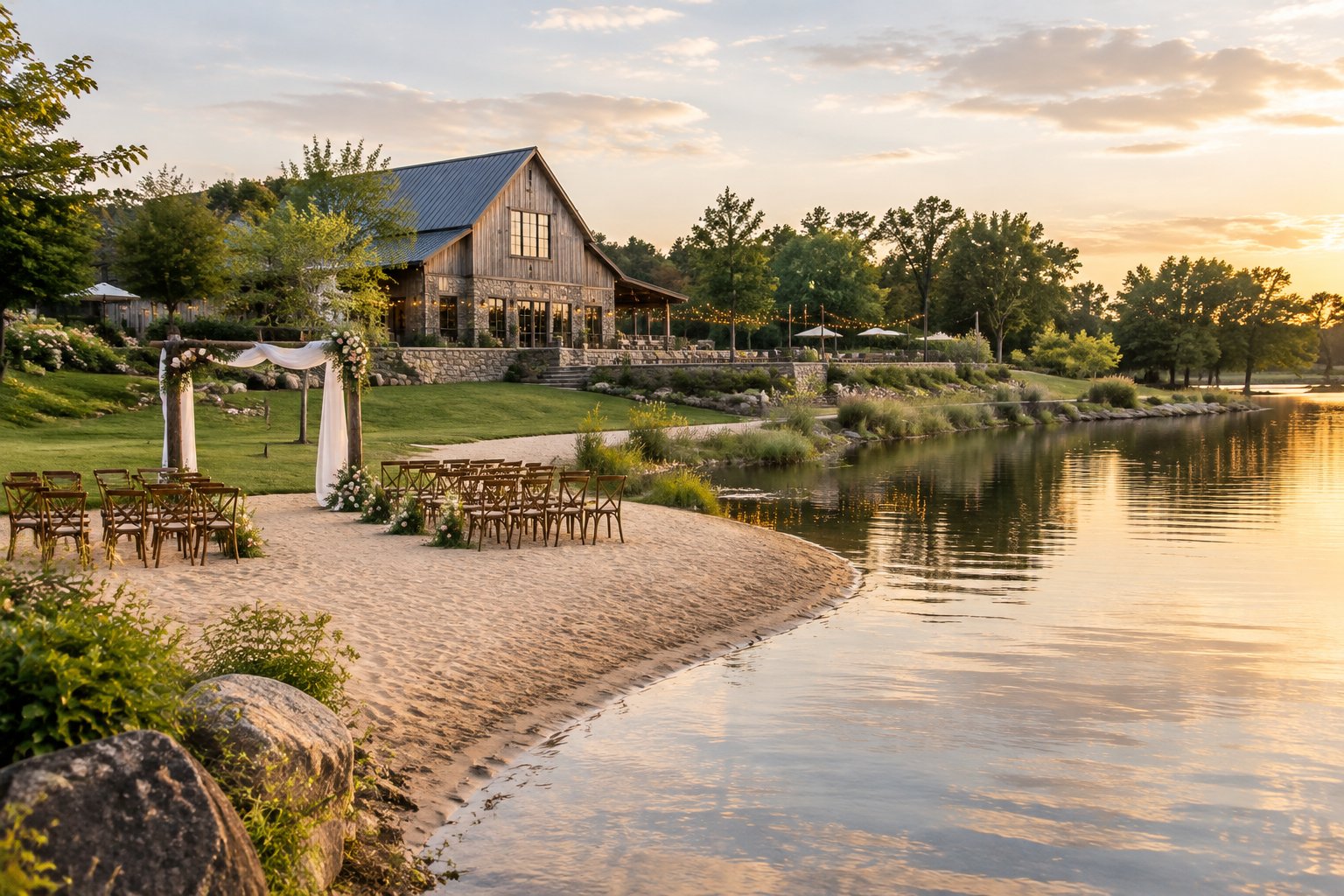 A rustic lakeside wedding venue with a sandy shore, decorated ceremony arbor, wooden chairs, and a historic estate in the background.
