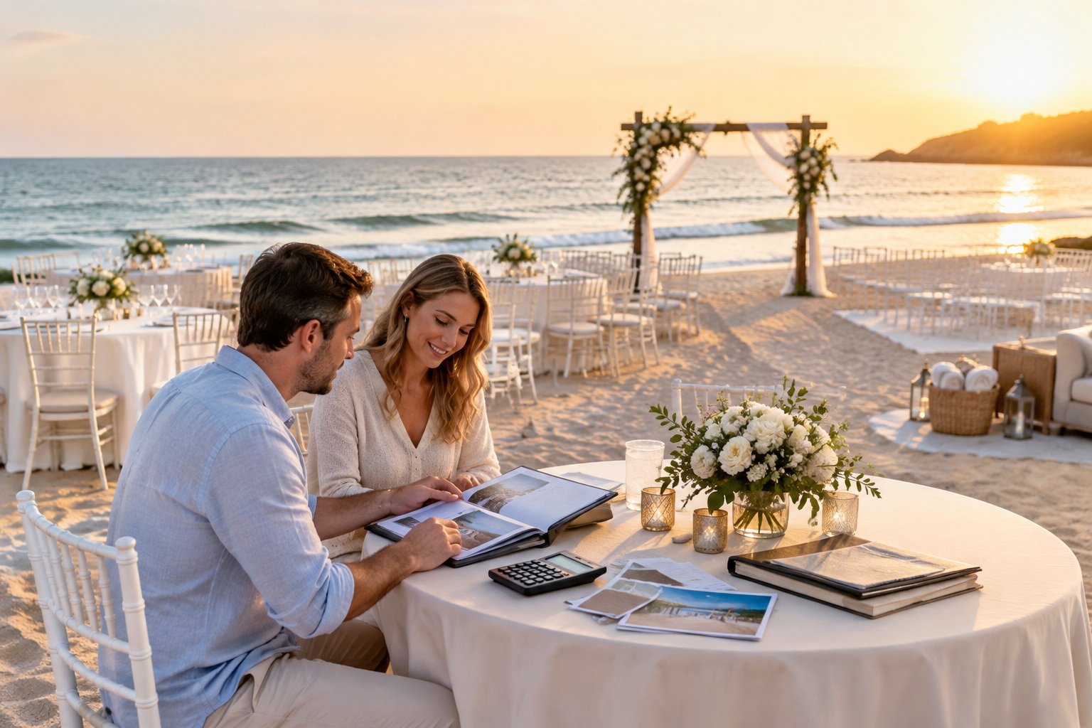 A couple reviews wedding planning materials beside a simple beach ceremony setup at sunset.