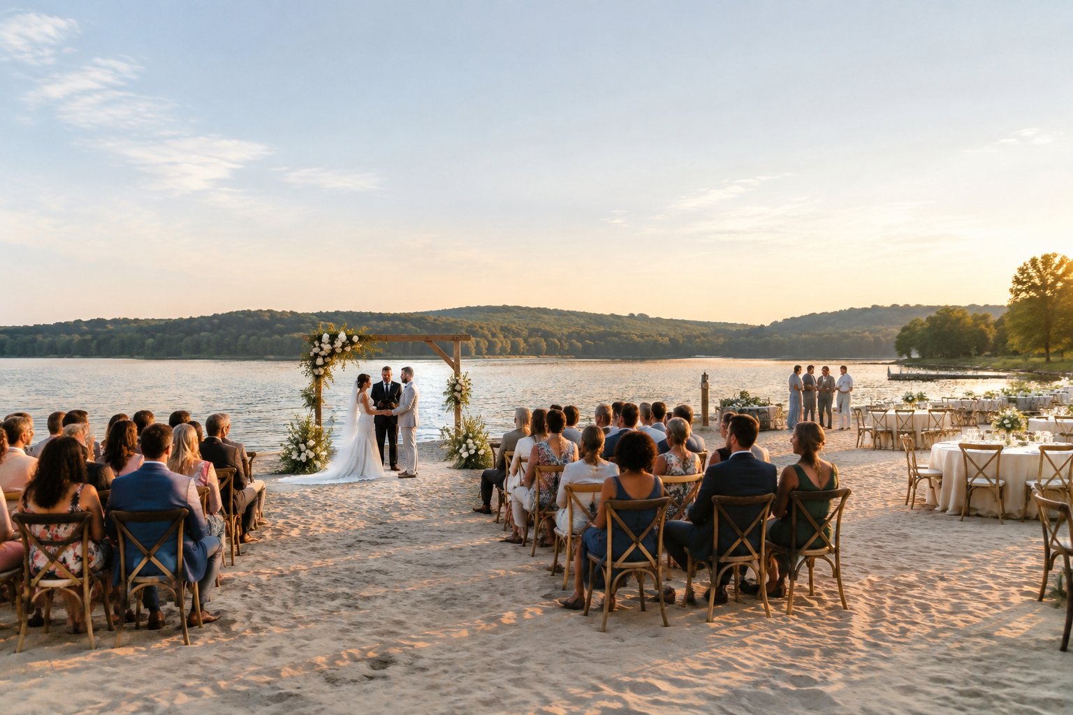 Wedding guests seated beside a calm shoreline during an outdoor ceremony.