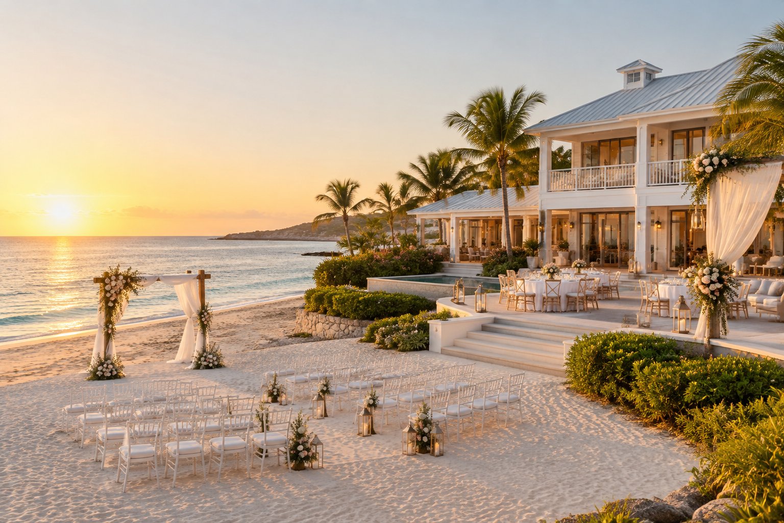 An elegant seaside estate with a decorated wedding ceremony area overlooking a sandy beach and turquoise ocean.