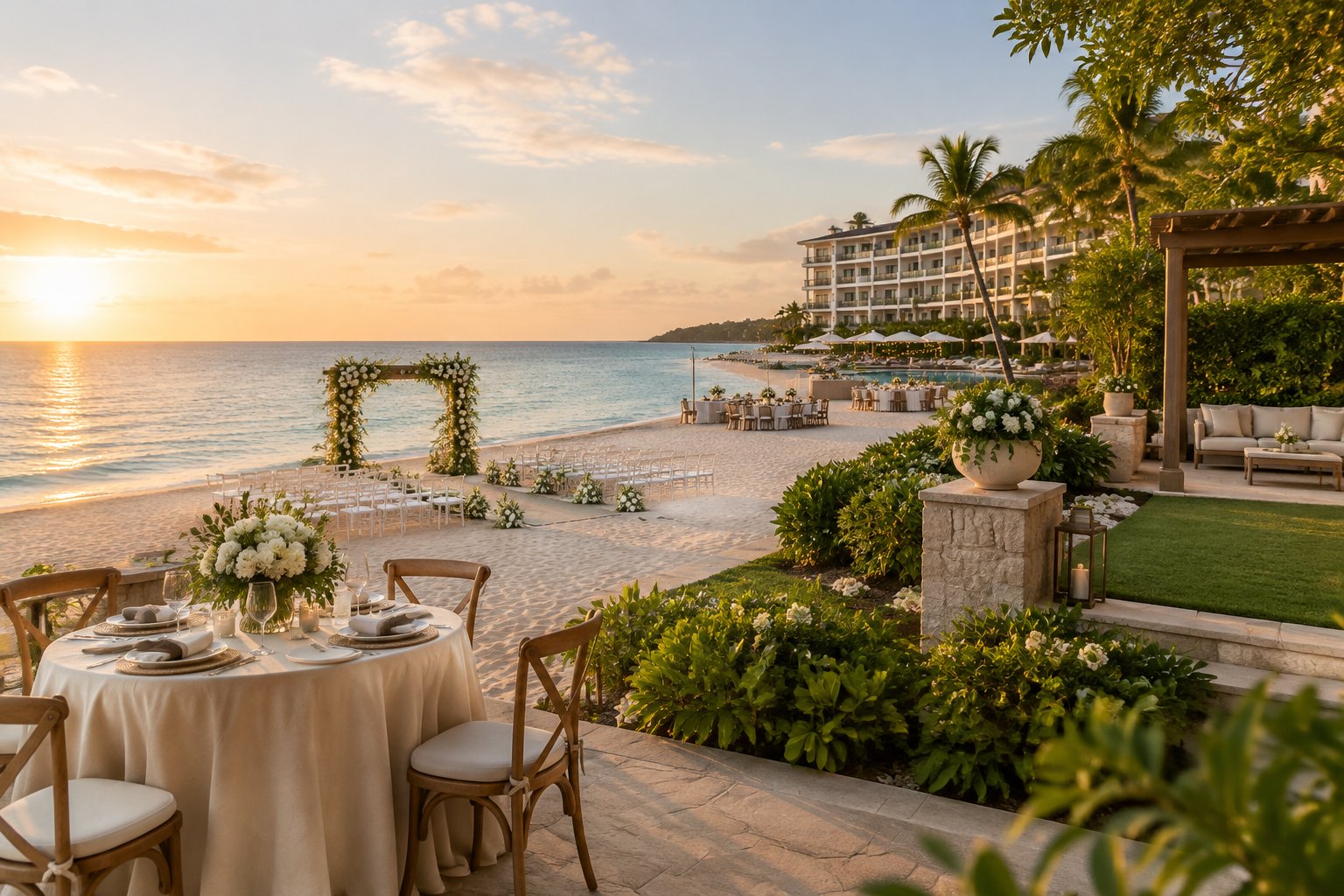 An elegant beach wedding setting combining a resort, an outdoor ceremony venue, and a private coastal estate.