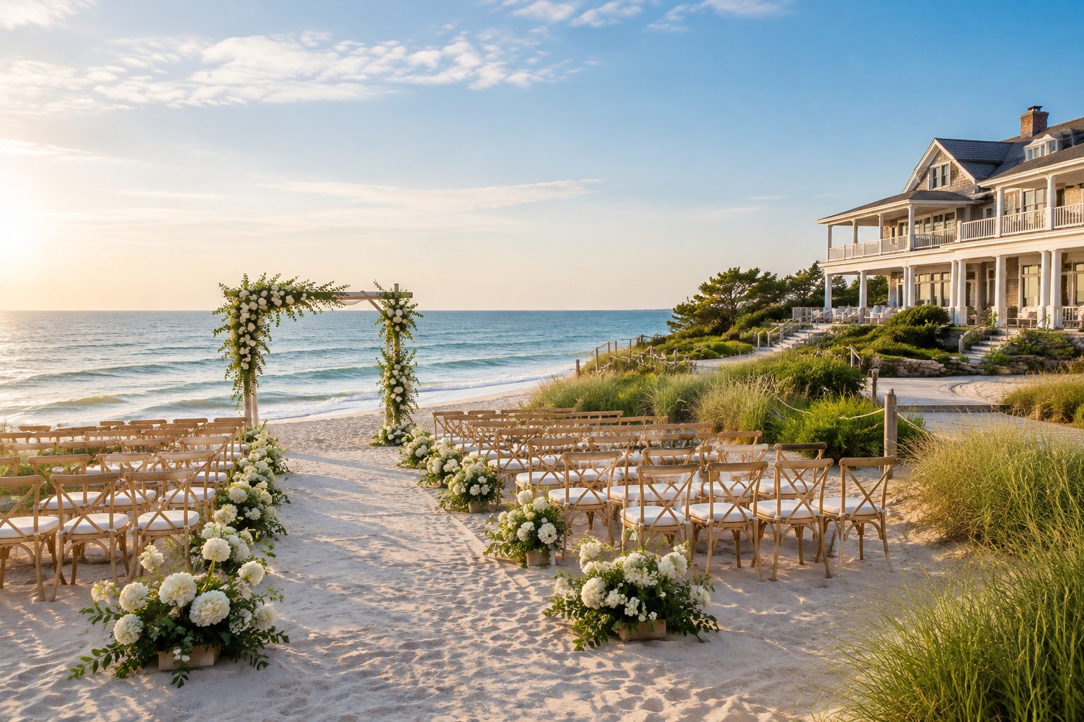 An elegant beach wedding ceremony setup beside a luxurious coastal estate overlooking the ocean.