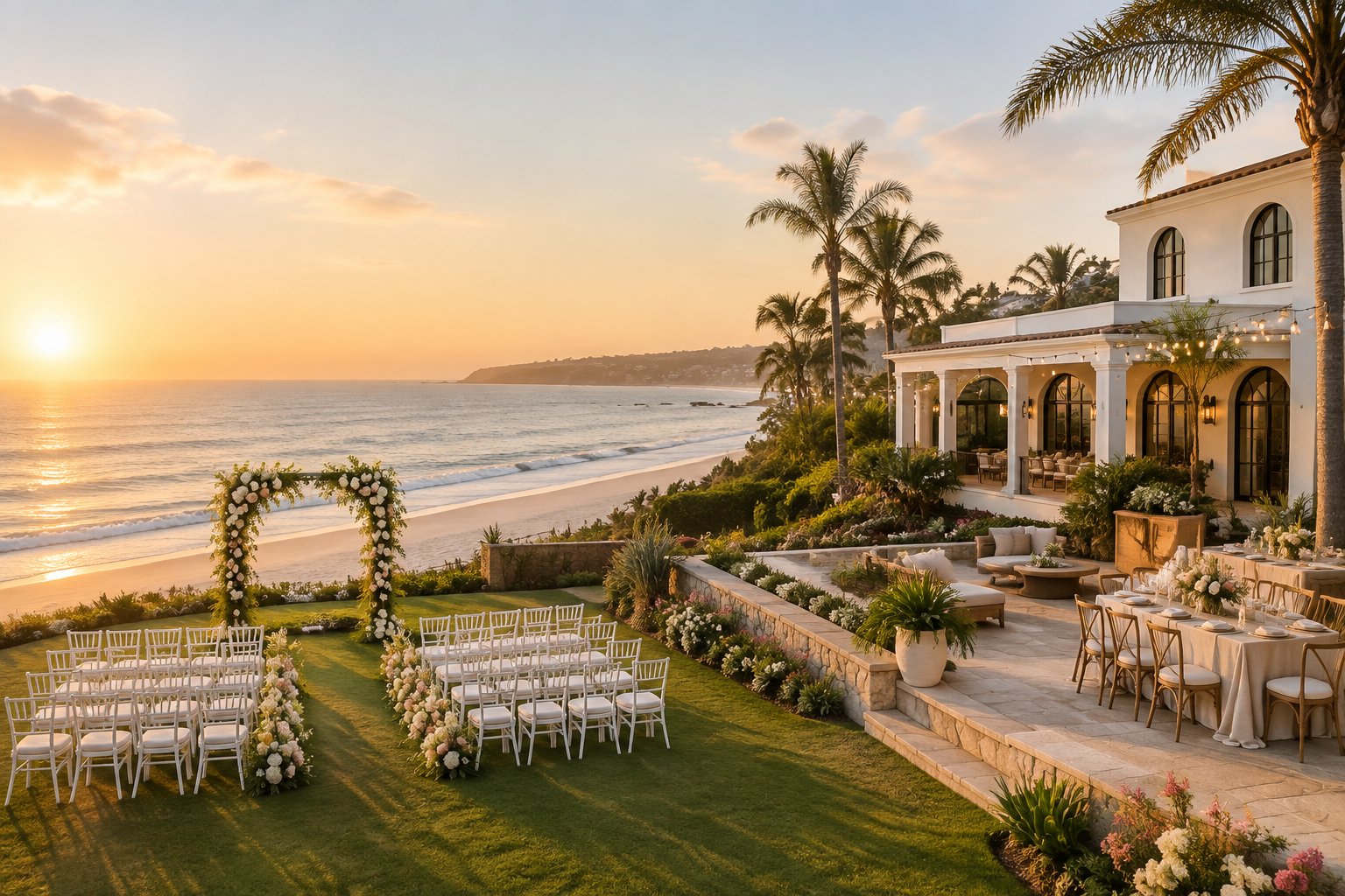 An elegant coastal estate with a decorated wedding ceremony setup overlooking a sandy beach and ocean.