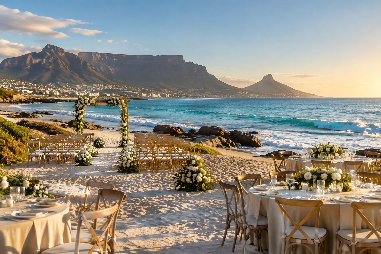 Elegant beach wedding setup on the Cape Town coast with floral decorations, ocean waves, and mountains in the background.