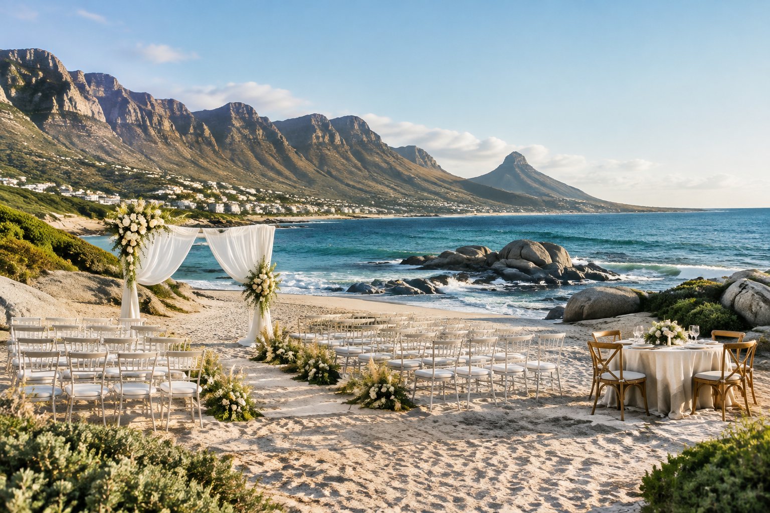 An elegant beach wedding setup on a Cape Town shoreline with ocean, rocks, and mountains in the background.