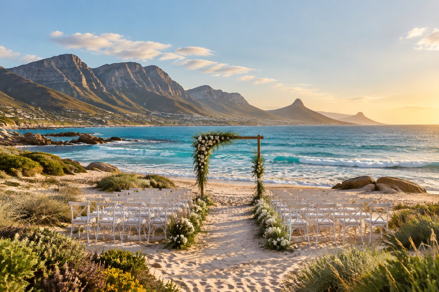 A beach wedding ceremony setup on a Cape Town shoreline with white chairs, flowers, ocean waves, cliffs, and mountains in the background.