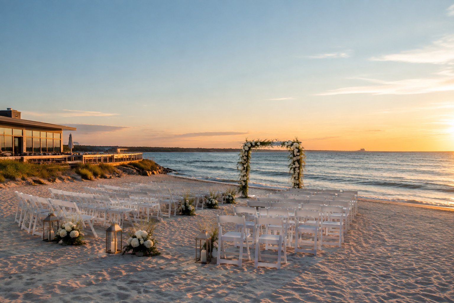 An elegant wedding ceremony setup at a Queens waterfront beach venue with white chairs, a floral arch, and the ocean in the background.