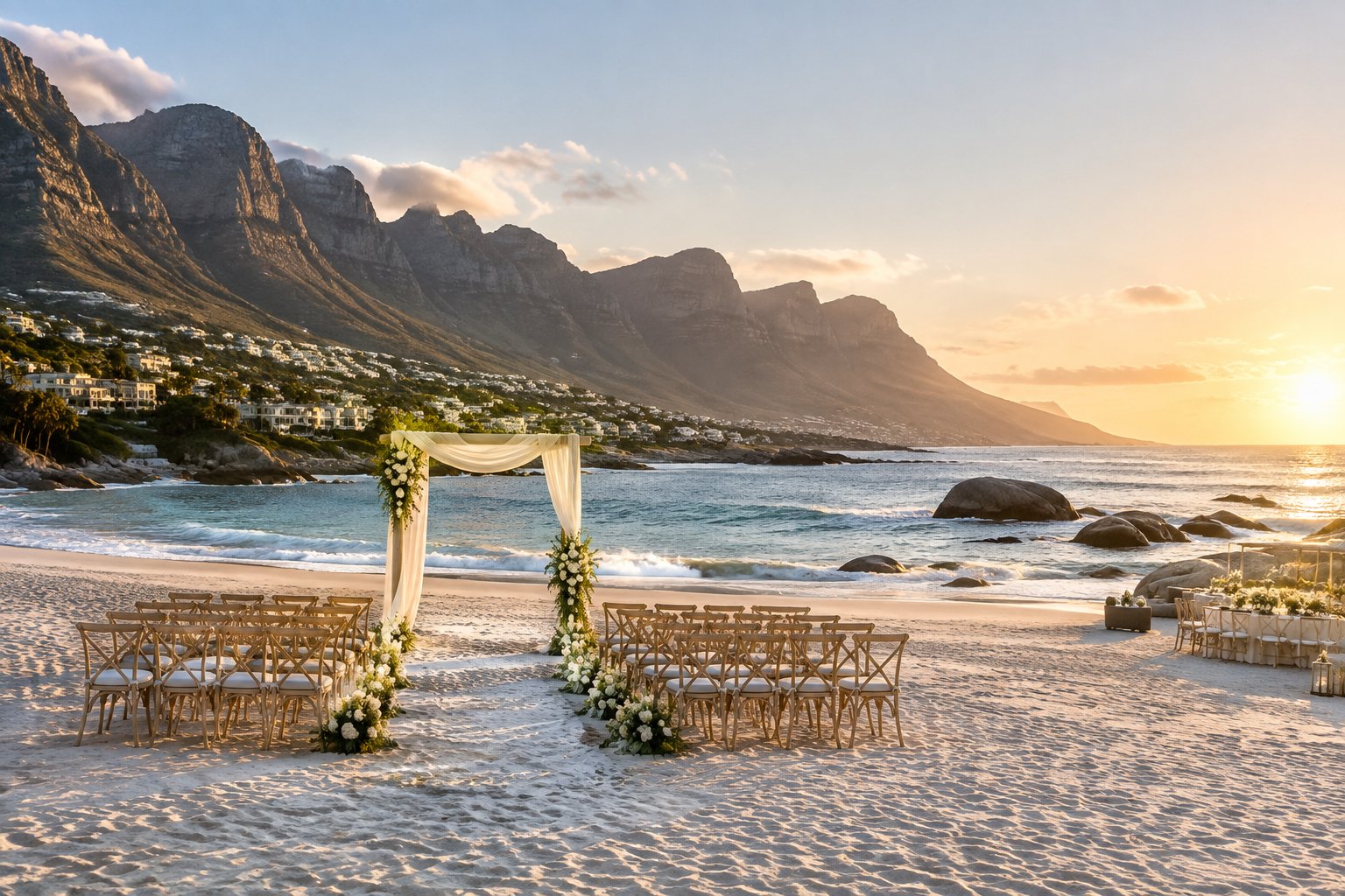 A decorated wedding ceremony overlooking a sandy Cape Town beach with mountains and ocean in the background.