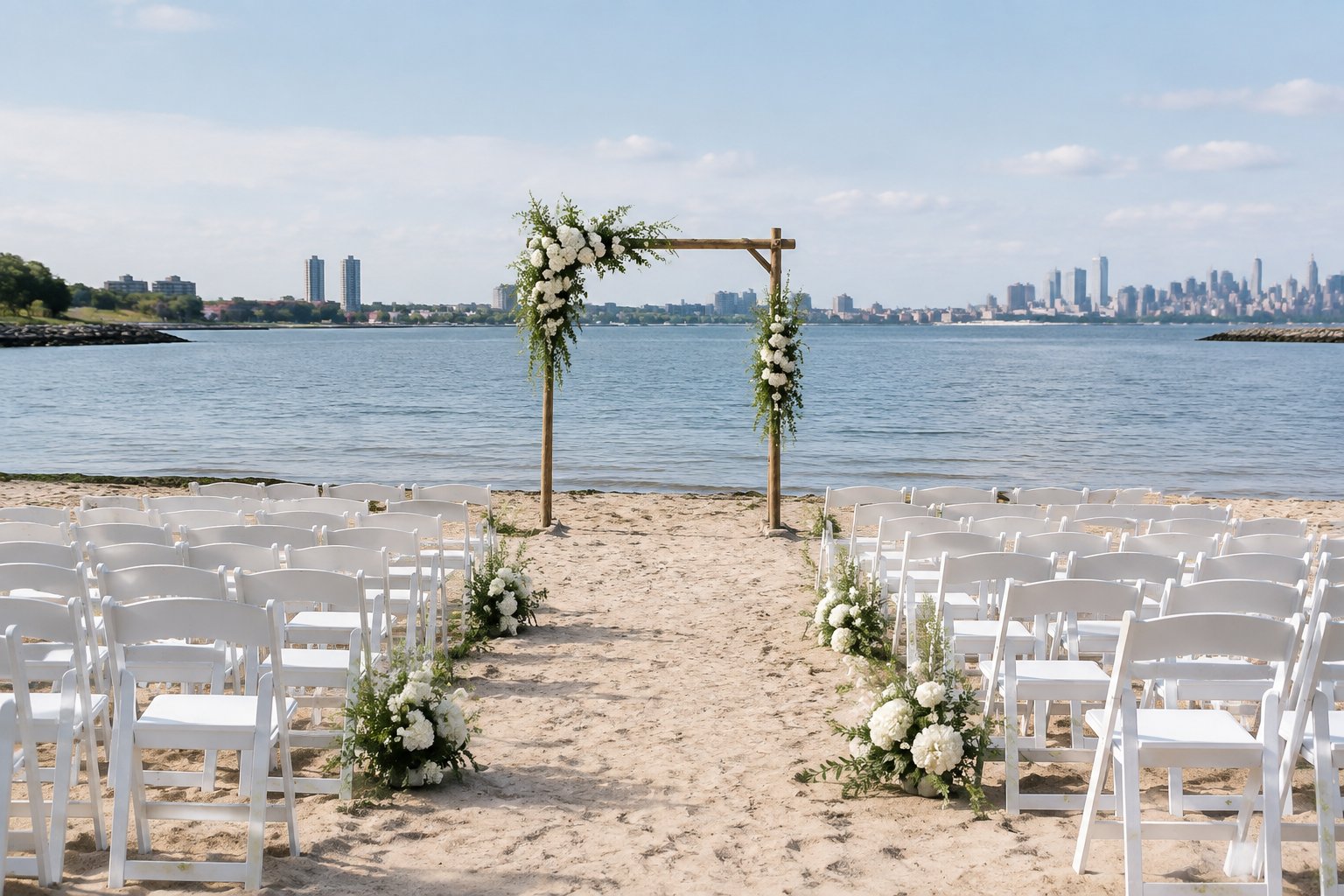 A seaside wedding ceremony with white chairs and a flower-decorated arch on a Queens beach.