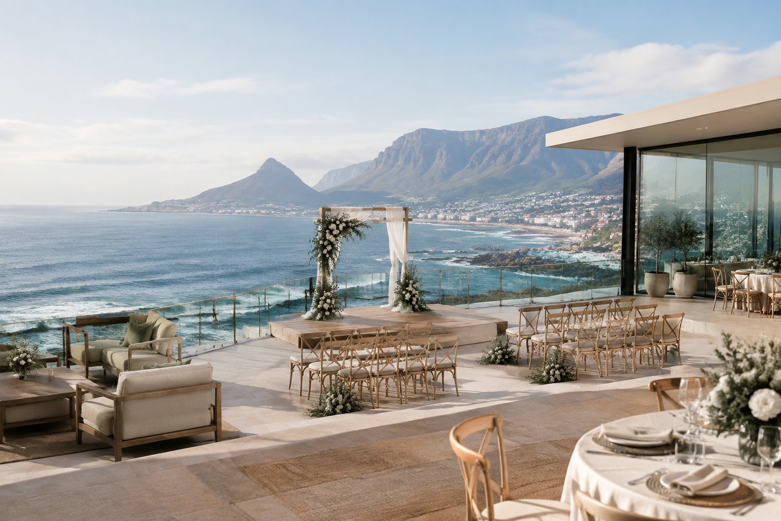An elegant wedding venue on a coastal terrace overlooking the ocean and mountains near Cape Town.