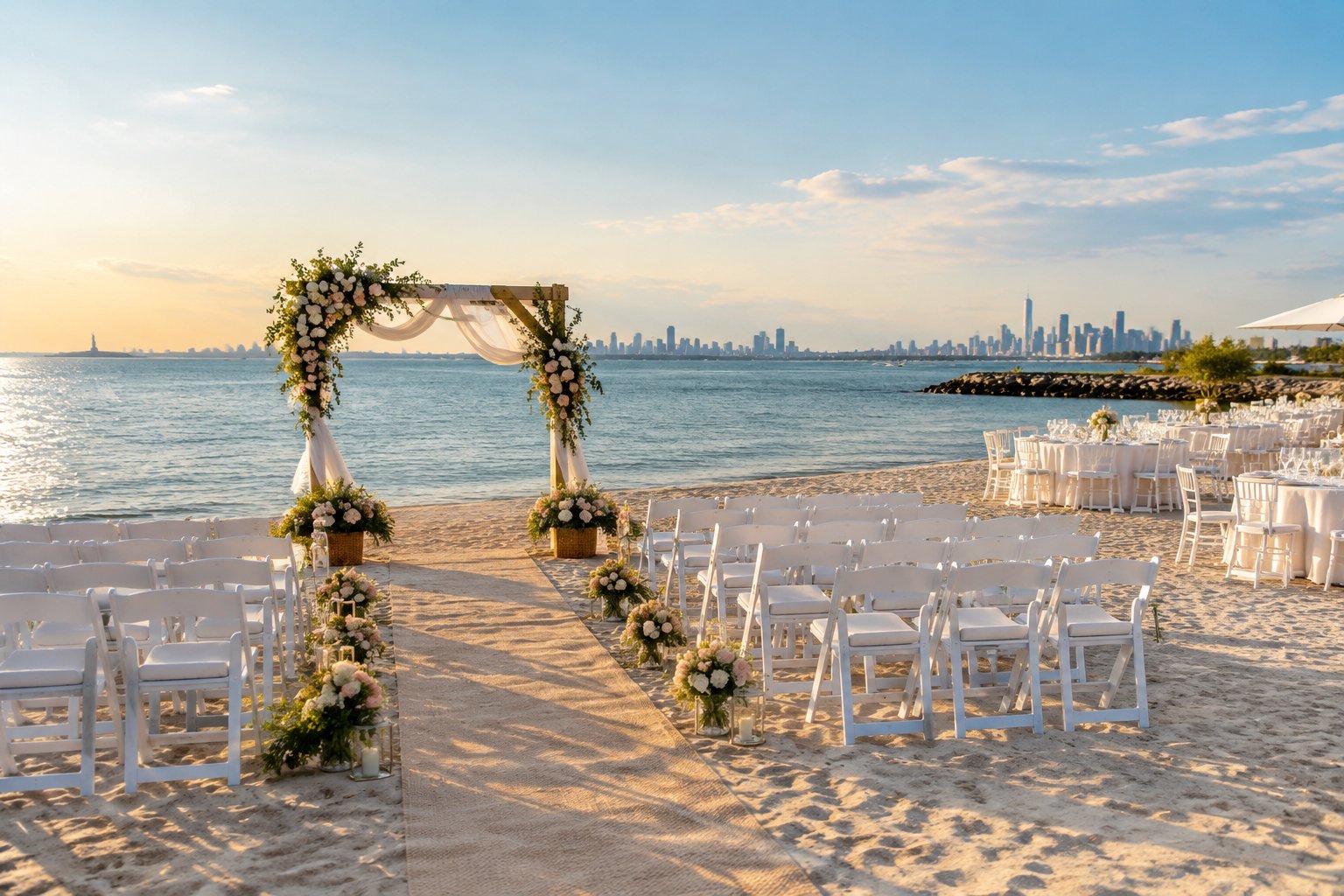 An elegant beach wedding ceremony setup beside calm waterfront waters near Queens.