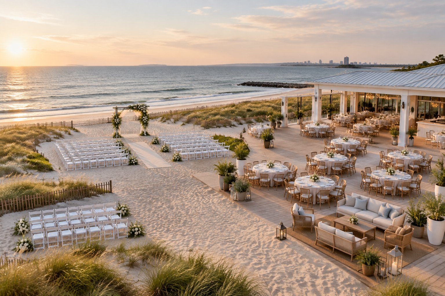 Beachfront wedding venue with ceremony chairs, reception tables, and ocean views.