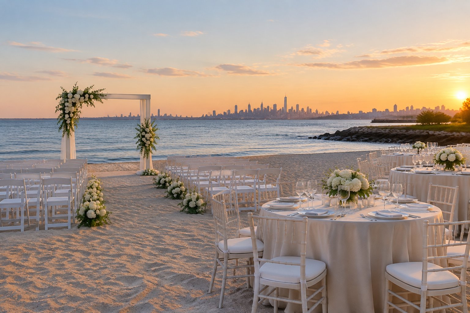 A waterfront wedding setup on a Queens beach with white chairs, floral decorations, and a city skyline across the water.