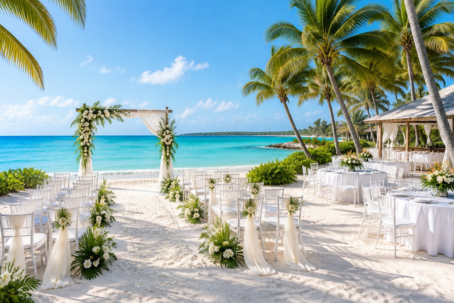 An elegant wedding ceremony and reception setup on a white-sand beach beside turquoise water and palm trees.