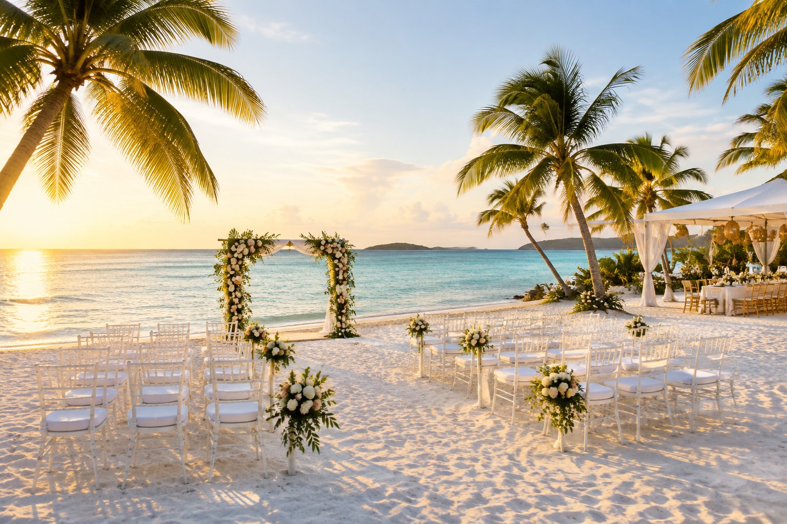 A decorated wedding ceremony setup on a white sandy beach overlooking turquoise Bahamian water.