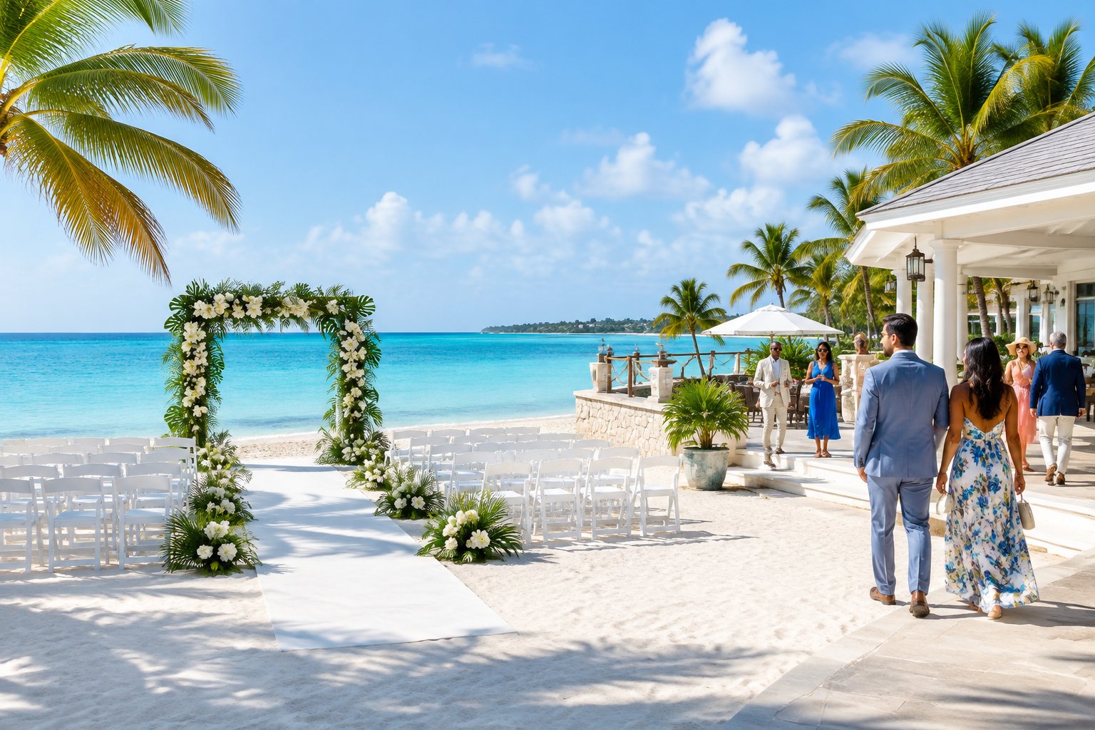 An elegant beach wedding setup with white chairs, tropical flowers, and guests beside turquoise water on a Bahamian island.