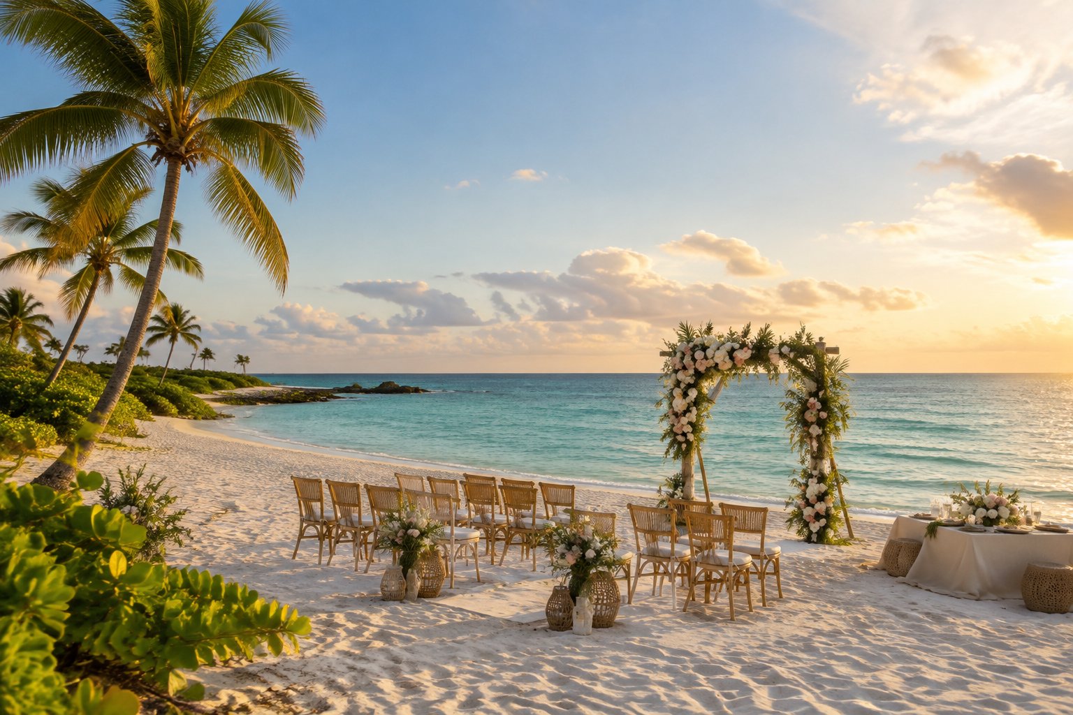 An elegant wedding ceremony setup on a white-sand Bahamian beach beside clear turquoise water and palm trees.