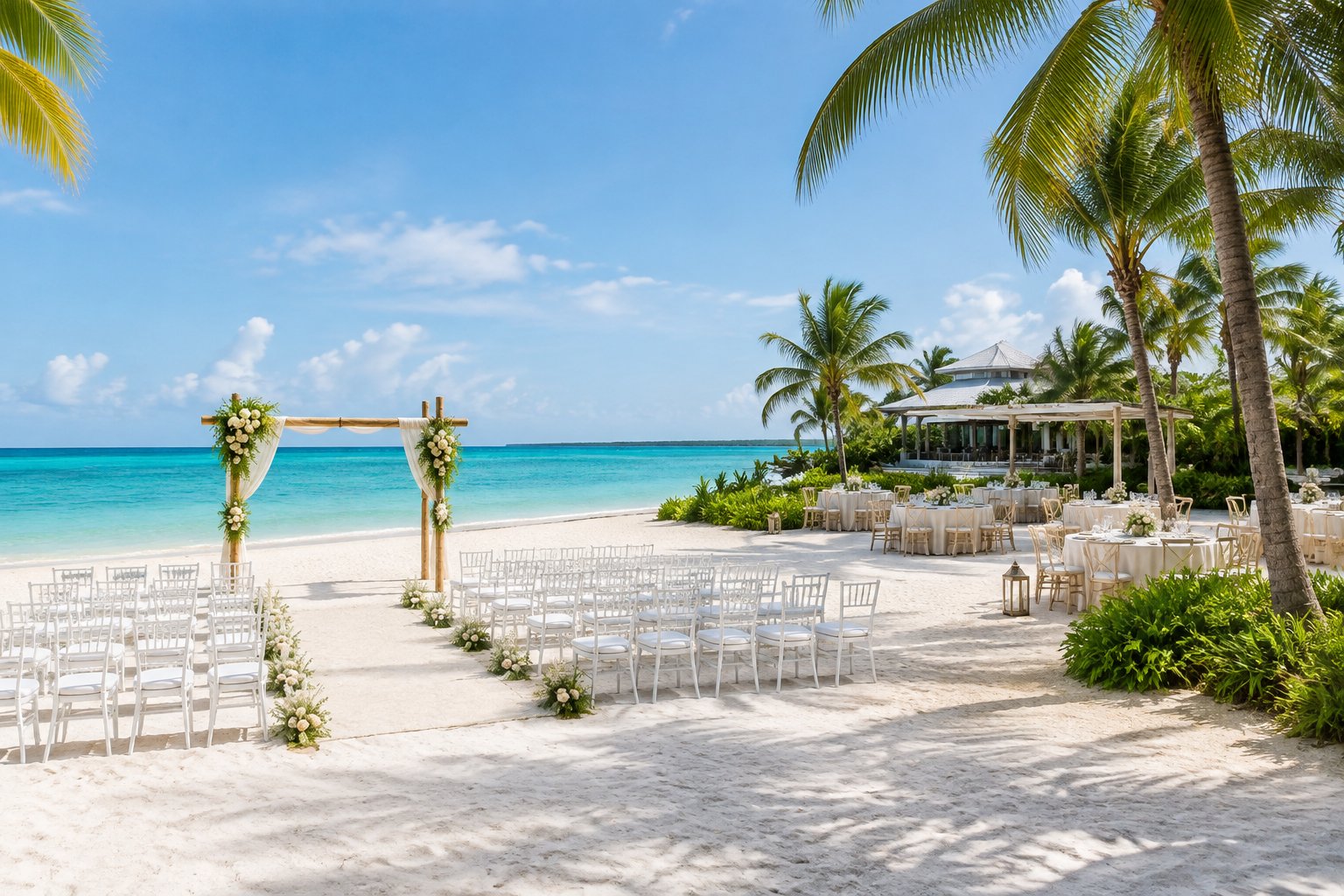 Elegant wedding ceremony setup on a white-sand beach beside turquoise water in the Bahamas.