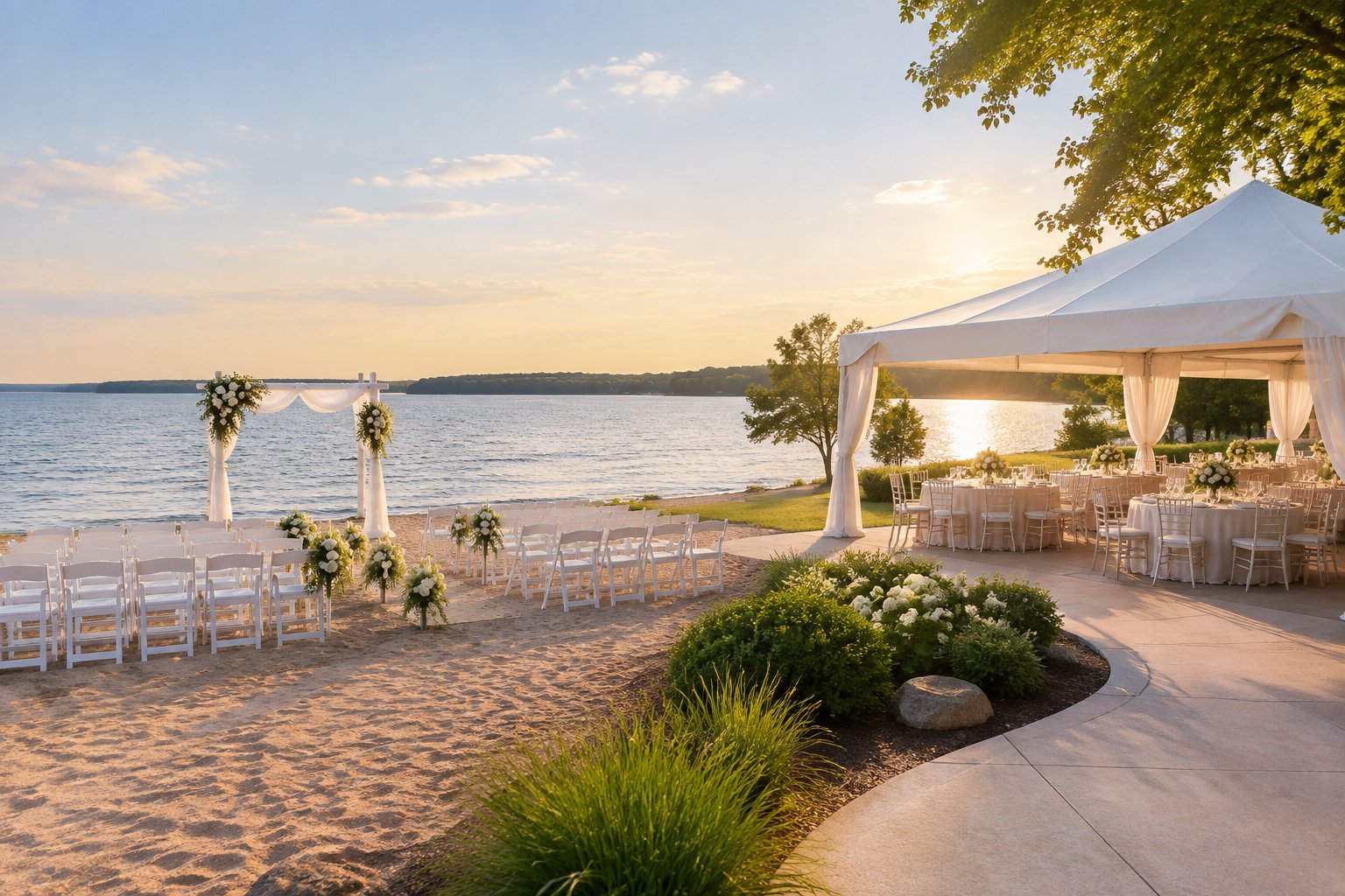 Elegant lakeside wedding ceremony setup with white chairs, floral decorations, and a reception canopy beside calm water.