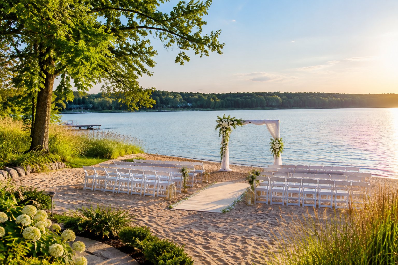 Outdoor wedding ceremony setup on a sandy lakeshore surrounded by trees and calm water.