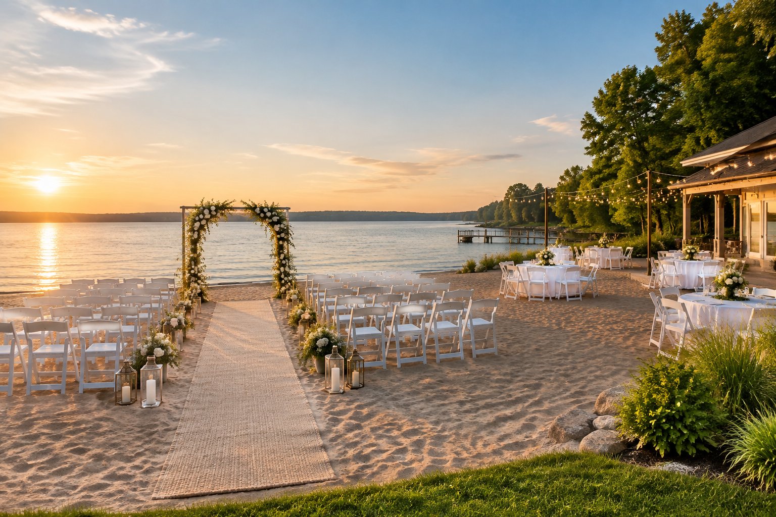 An elegant outdoor wedding ceremony setup on a sandy lakeshore with white chairs, a floral arch, and reception tables beside calm water.