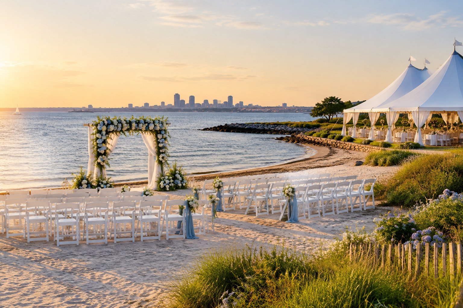 An elegant outdoor wedding ceremony setup beside a calm beach shoreline with a floral arbor, white chairs, and a reception tent.