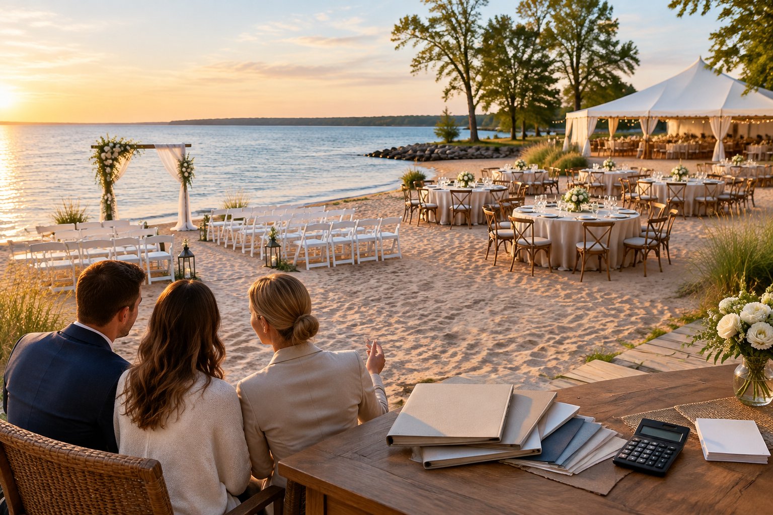 A lakeside beach wedding venue with multiple seating arrangements and a planning table overlooking the water.