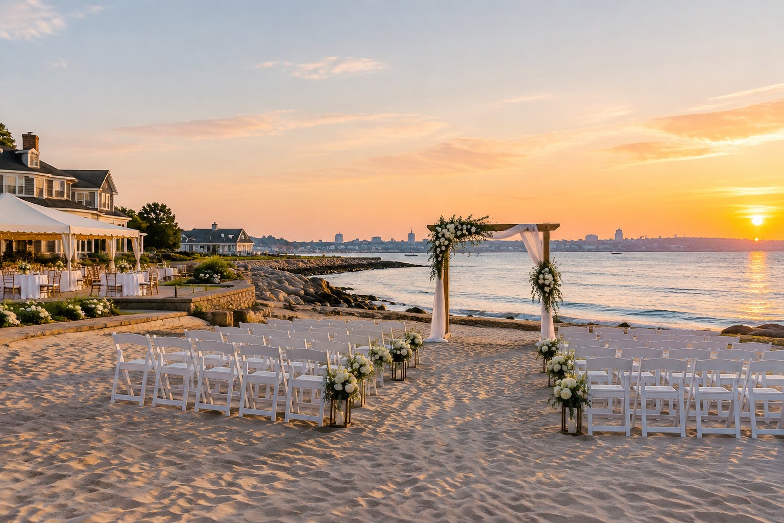 An elegant outdoor wedding setup beside a calm waterfront beach at sunset.