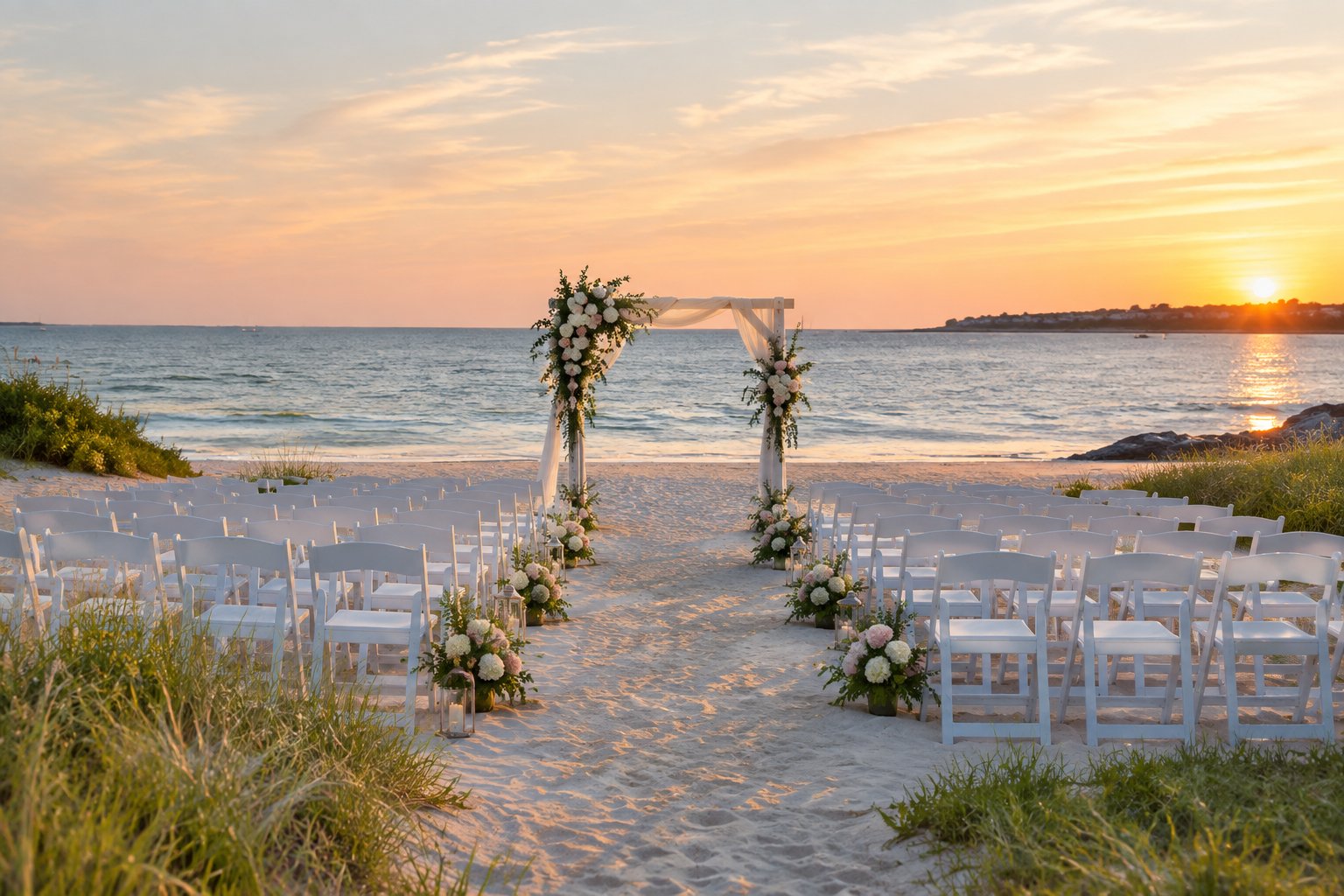 A seaside wedding ceremony setup with white chairs, a floral arch, sandy beach, and calm ocean.