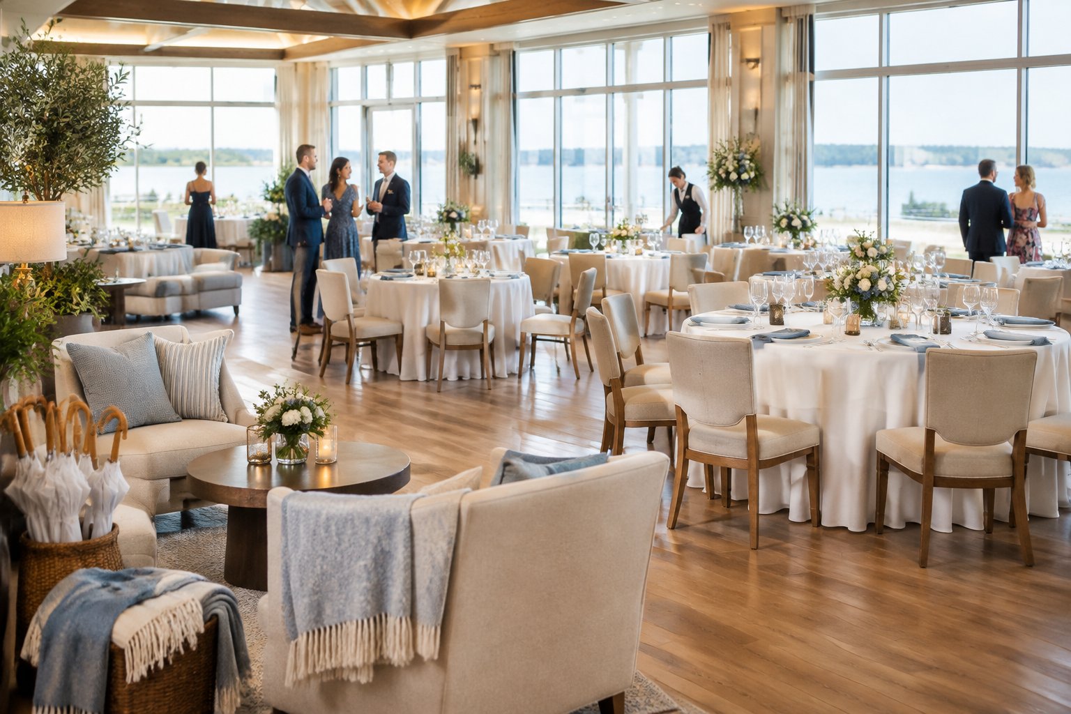 An elegant indoor wedding reception space prepared for guests as a comfortable backup plan.