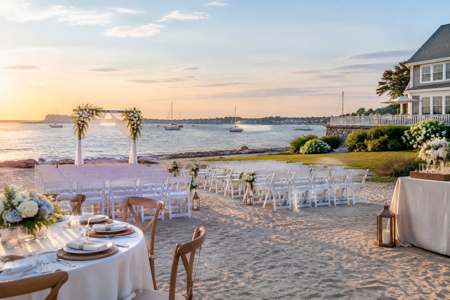 Elegant waterfront wedding ceremony setup on a sandy shoreline overlooking a calm bay.