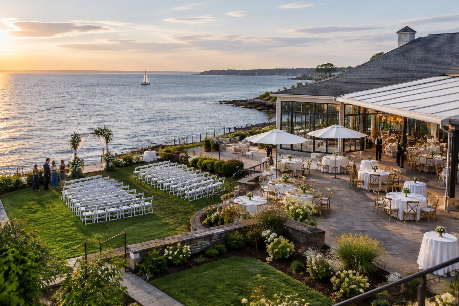 A waterfront wedding venue with outdoor seating, a covered reception area, and a coastal ceremony setup.
