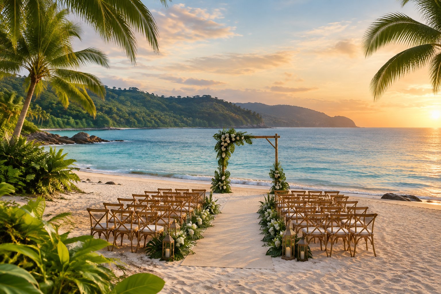 A tropical beach wedding ceremony setup with a flower-decorated arch, wooden chairs, palm trees, and the ocean in Costa Rica.