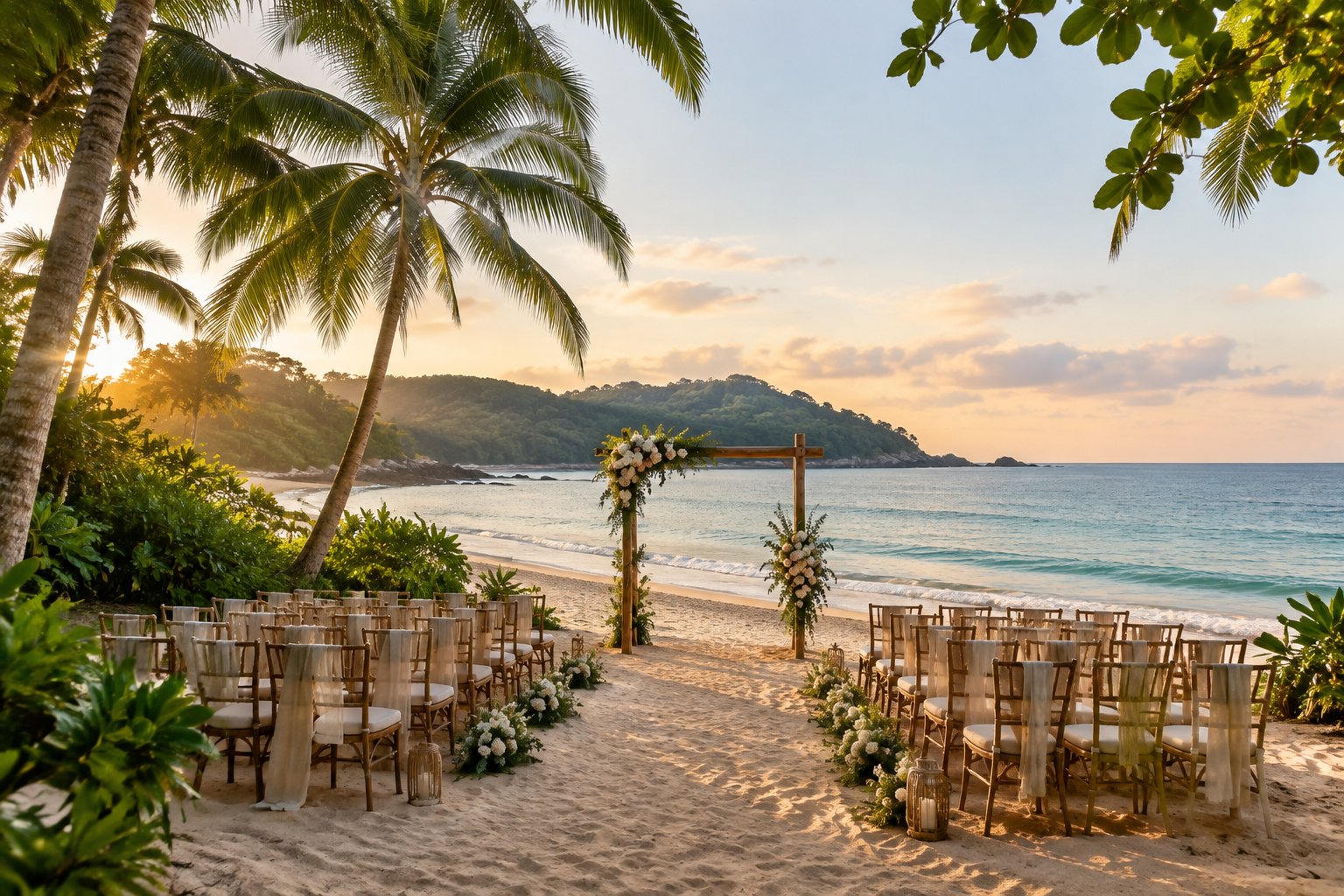 A tropical beach wedding setup beside turquoise water, palm trees, and lush coastal hills in Costa Rica.