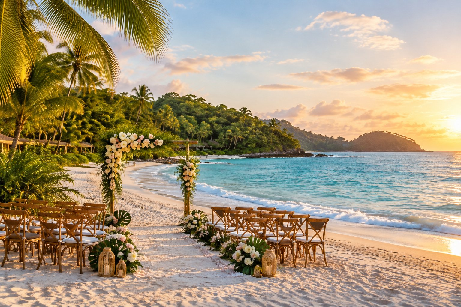 A tropical beach wedding ceremony setup with white flowers, wooden chairs, palm trees, and turquoise ocean water.
