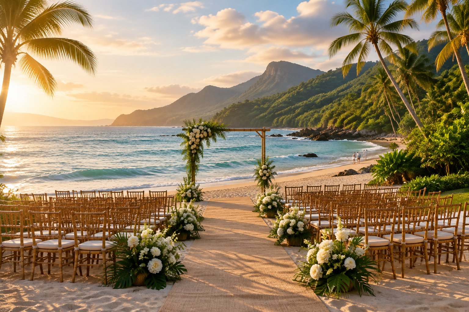 Elegant wedding ceremony setup on a tropical Costa Rican beach with palm trees, ocean waves, and lush hills in the background.