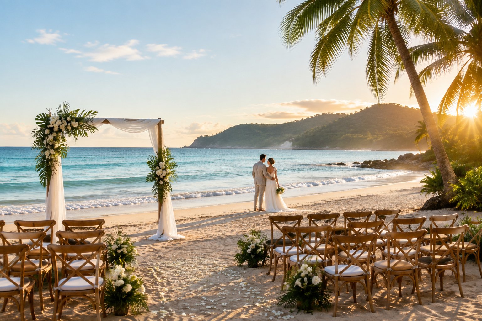 An elegant wedding ceremony setup on a sunny tropical beach in Costa Rica with a couple near the shoreline.