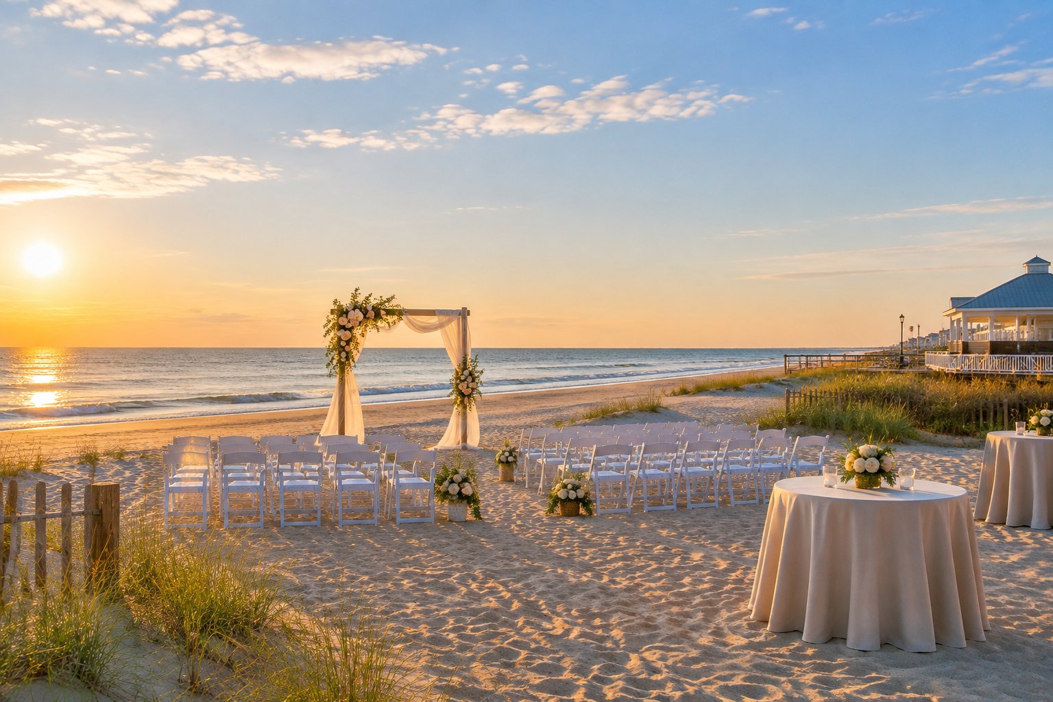An elegant wedding ceremony setup on a sandy beach beside the ocean.