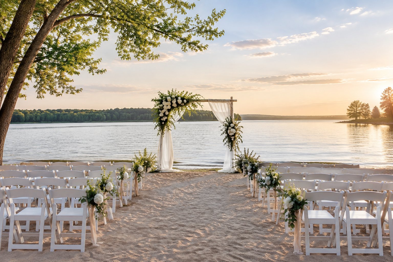 An elegant outdoor wedding ceremony setup beside a sandy lakeshore with a floral arch, white chairs, and calm water.