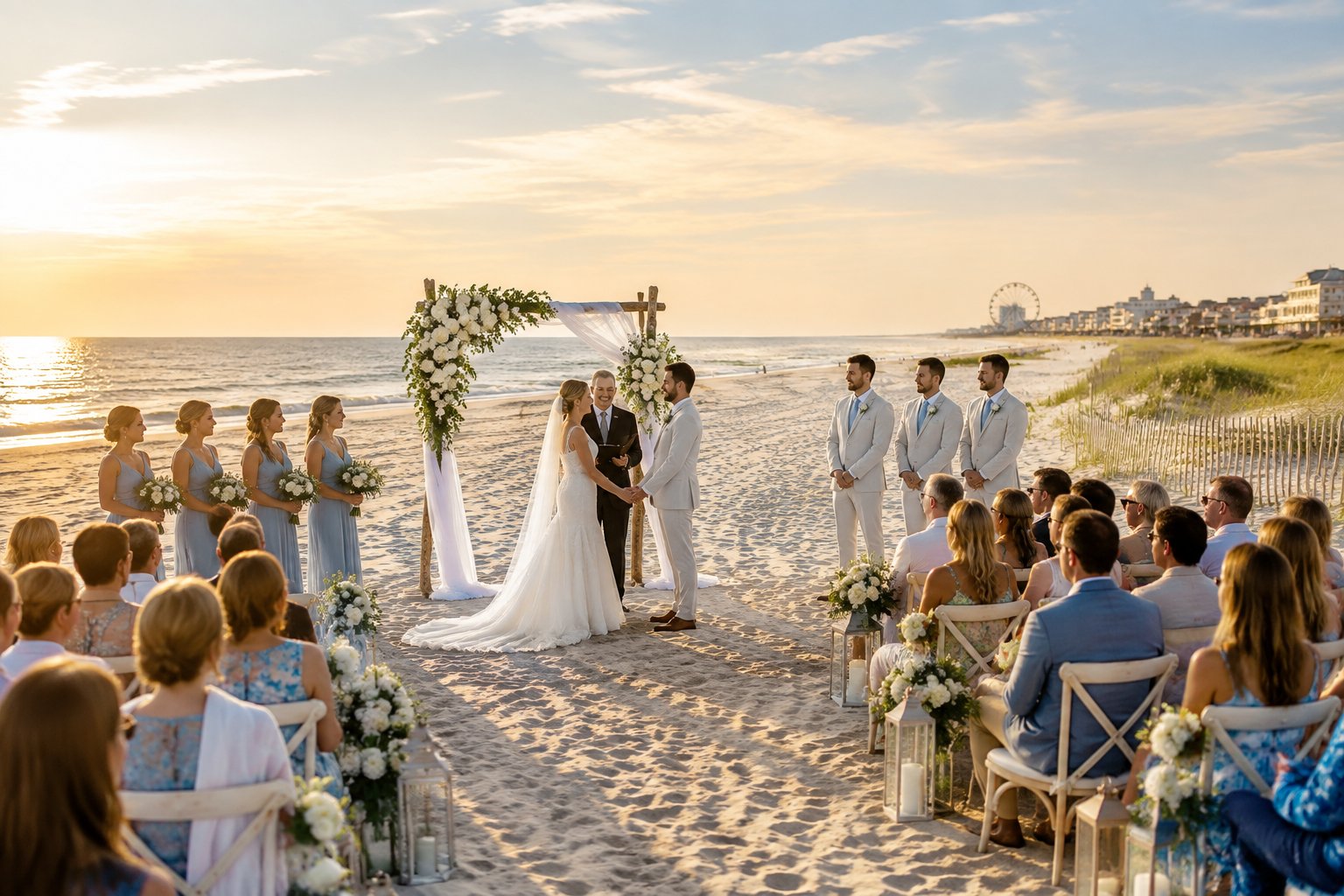 A couple exchanges vows beneath a floral arch on a sandy Rehoboth Beach shoreline as guests look on.