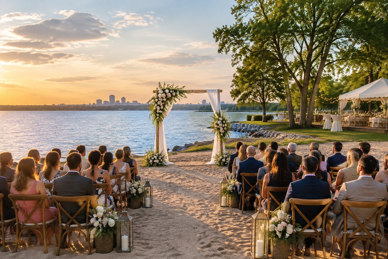 Outdoor wedding ceremony beside a sandy lakeshore with a white floral arch and guest seating.