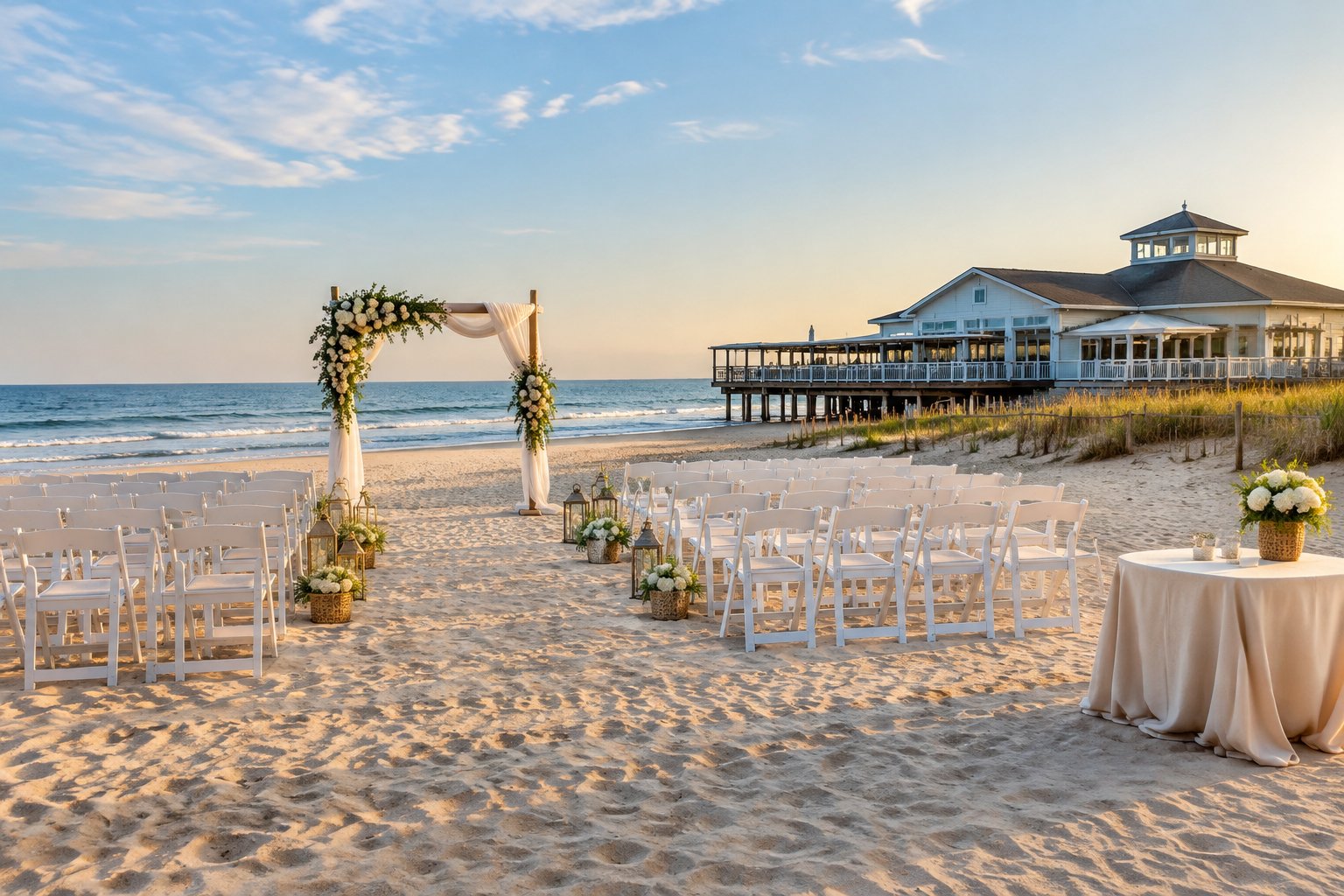 A decorated beach wedding ceremony setup beside an oceanfront venue on a sandy shoreline.